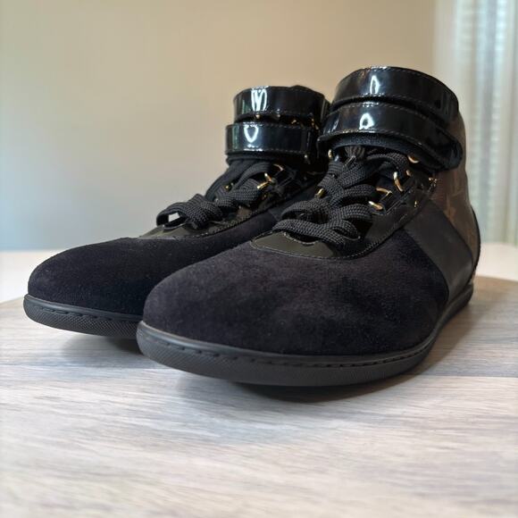 Authentic Louis Vuitton Black Monogram Move Up High Top Sneakers Shoes Size 7.5 - Picture 7 of 13
